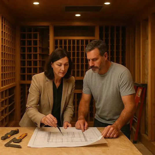 Luxury wine cellar under construction with designer and homeowner reviewing blueprints, ducted cooling visible in ceiling.