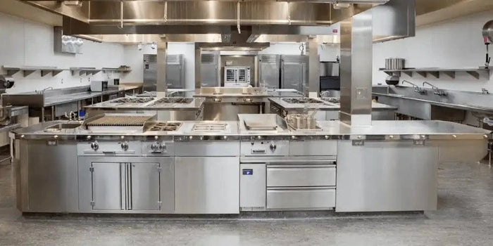 Commercial stainless steel kitchen.