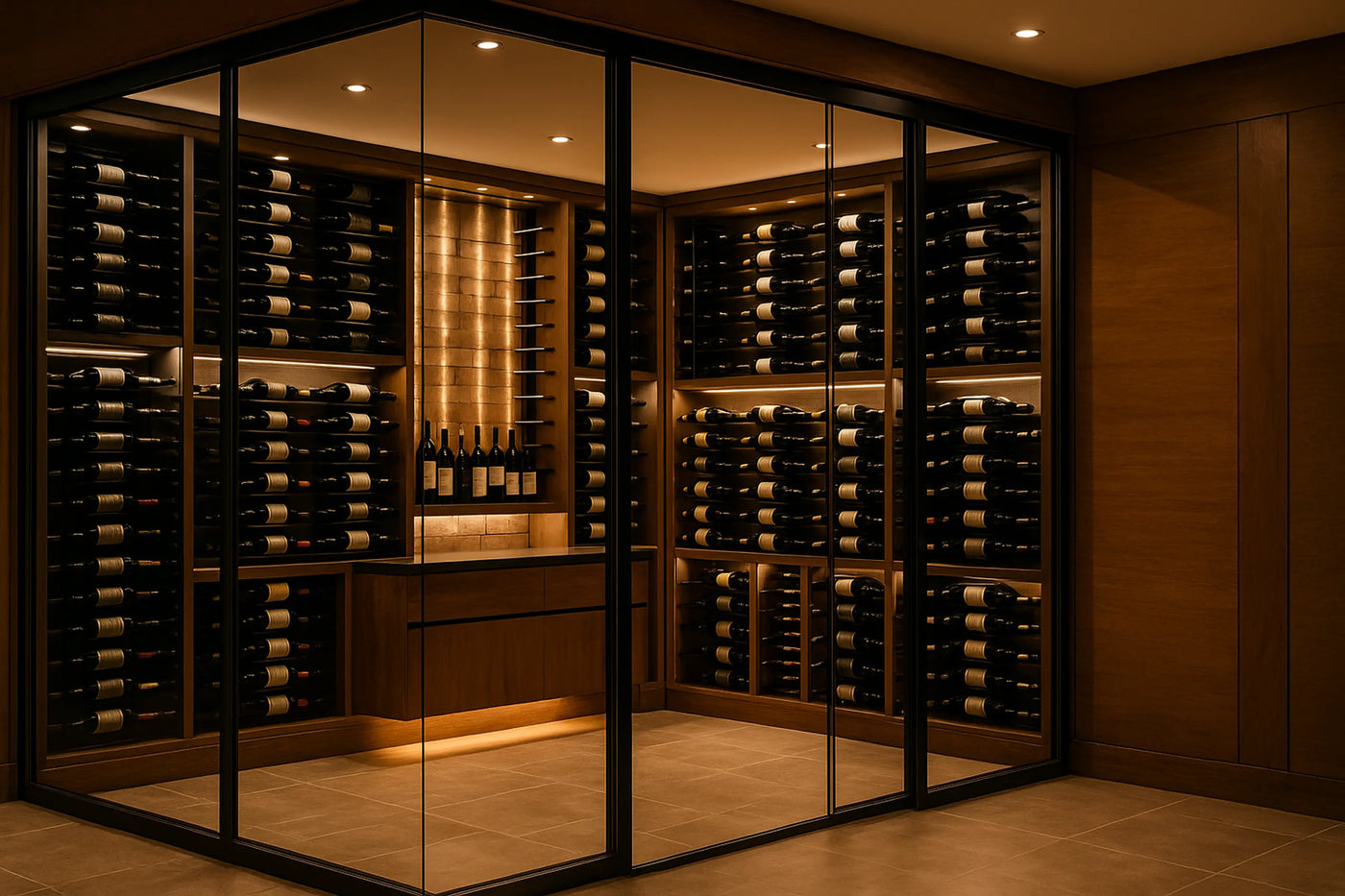 Luxury glass-enclosed wine cellar interior used as the hero image for a wine cellar cooling systems website.