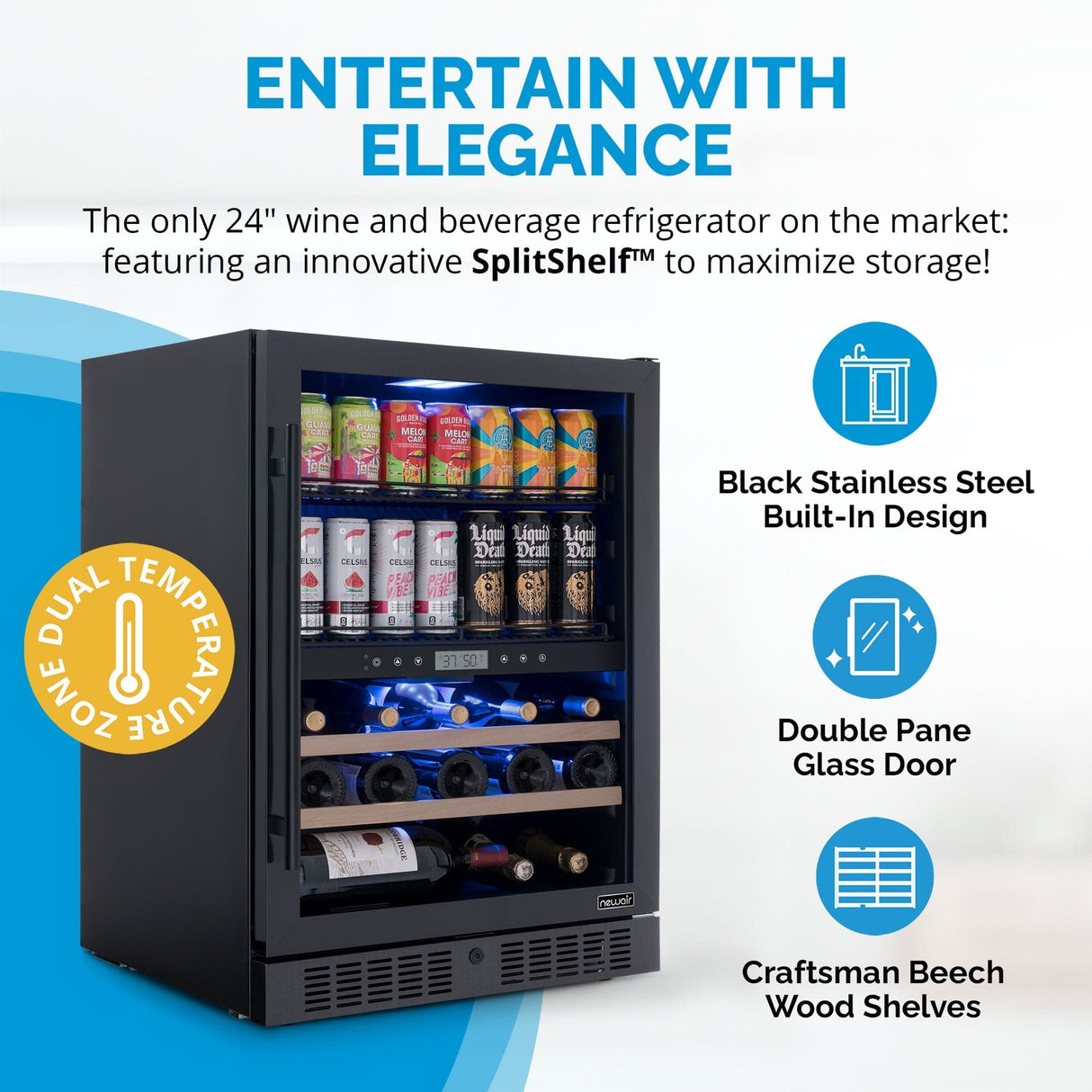 NewAir 100-Can 24-Bottle Dual Zone Black Beverage Fridge Beverage Centers AWB-401DB-B Wine Coolers Empire