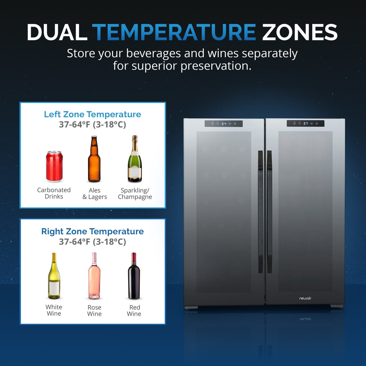 NewAir 59-Can 18-Bottle Dual Zone Freestanding Beverage Fridge Beverage Centers NWB077BKD0 Wine Coolers Empire