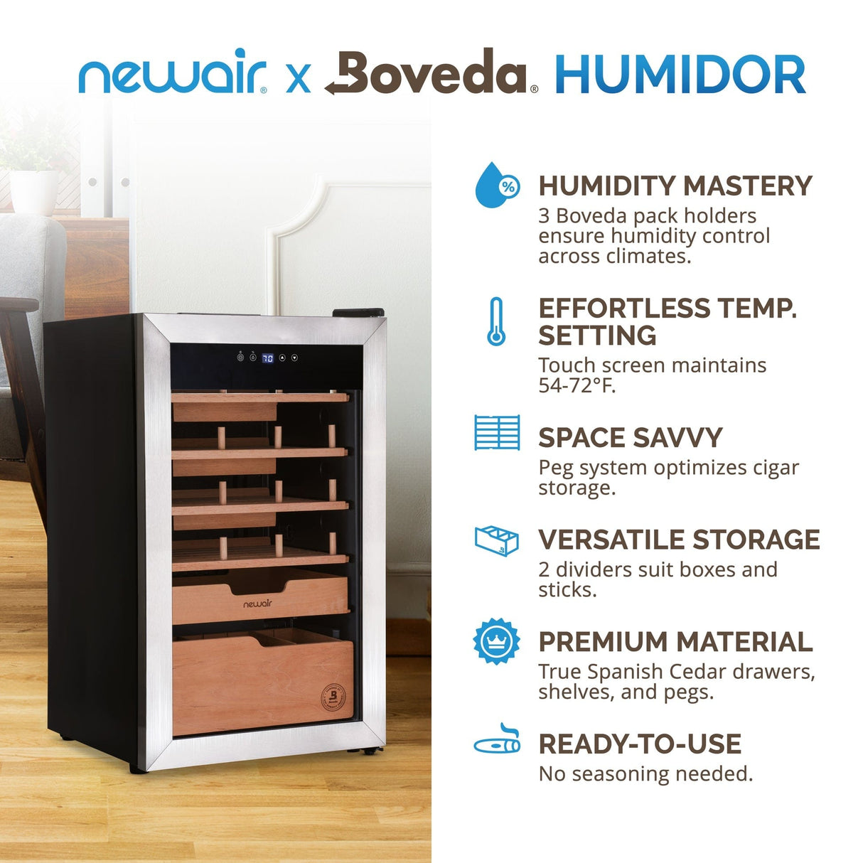 NewAir x Boveda 500-Count Electric Cigar Humidor NCH500SSB0 Cigar Humidors NCH500SSB0 Wine Coolers Empire