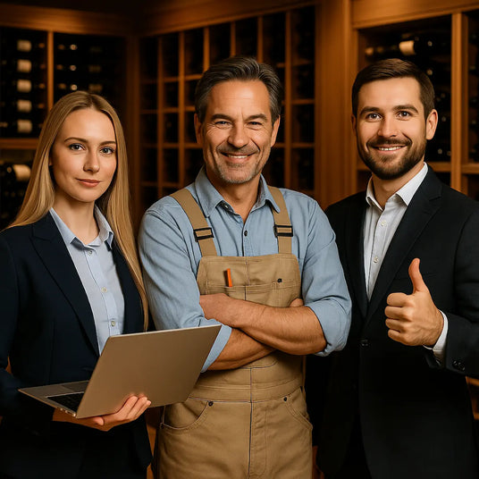 Engineering and construction professionals inside a wine cellar, including a female engineer with a laptop and a contractor, representing trade support services.