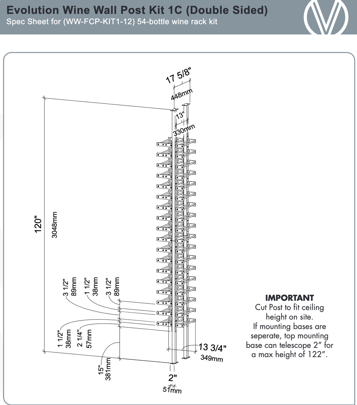 VintageView 54 Bottles Double Sided Wine Wall Post Kit Floor-to-Ceiling Wine Rack WW-FCP-KIT-1C-12 Wine Racks Wine Coolers Empire