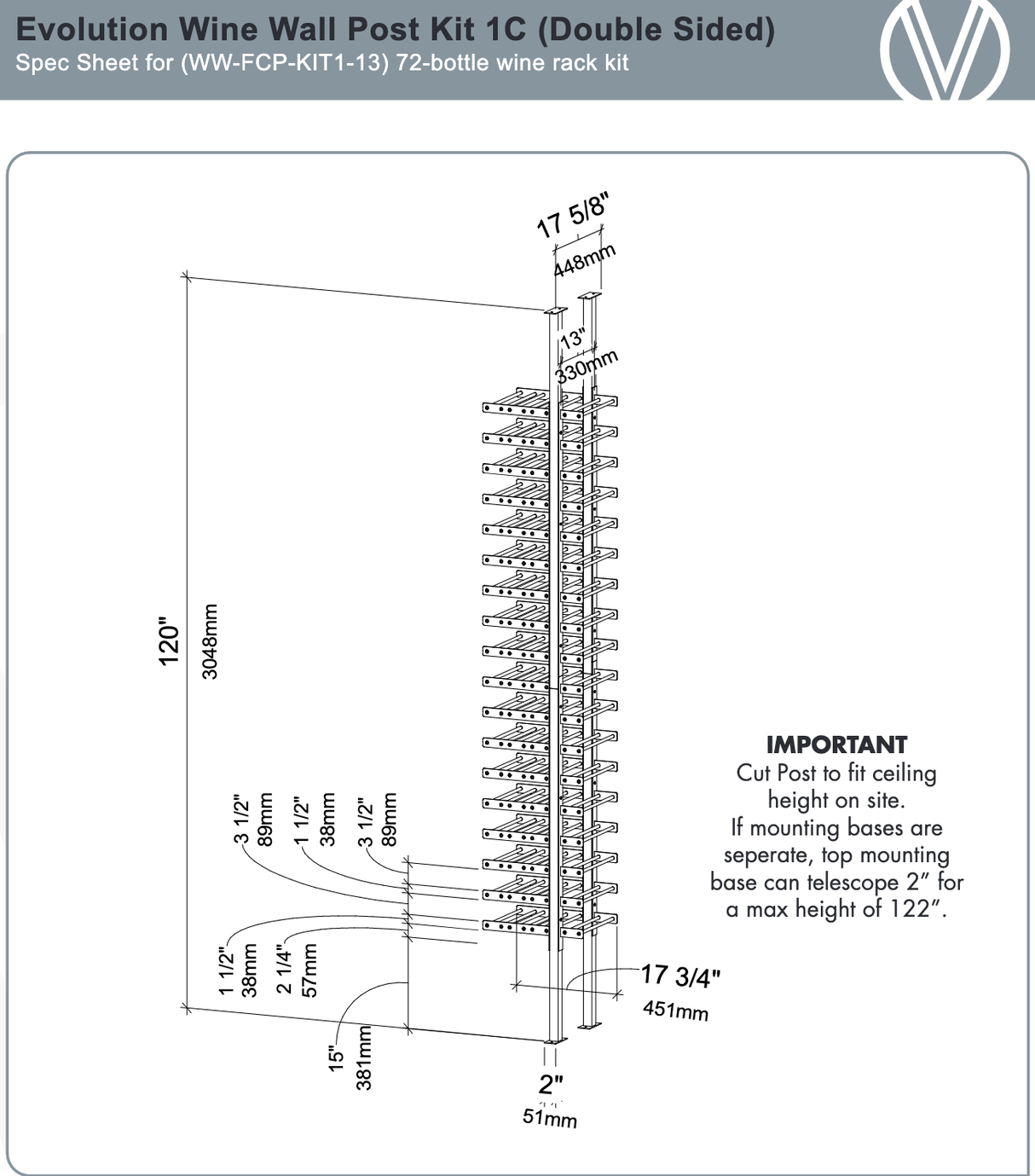 VintageView 72 Bottles Double Sided Wine Wall Post Kit Floor-to-Ceiling Wine Rack WW-FCP-KIT-1C-13 Wine Racks Wine Coolers Empire