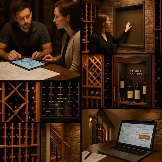 luxury wine cellar planning featuring BTU review, racking airflow, cabinet cooling, and under-stair design focus.