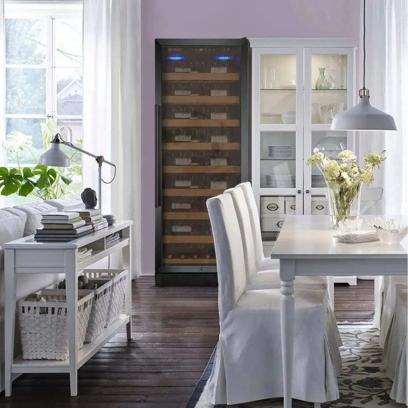Wine refrigerator with wooden shelves.