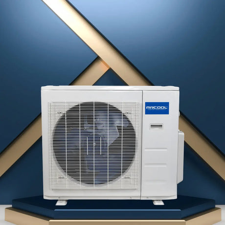 Air conditioner condenser unit collection with large cooling fan designed for outdoor use in split and ductless AC systems
