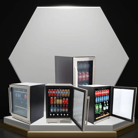 Avanti undercounter beverage center with glass door installed in a modern kitchen bar with wine storage and organized drinks