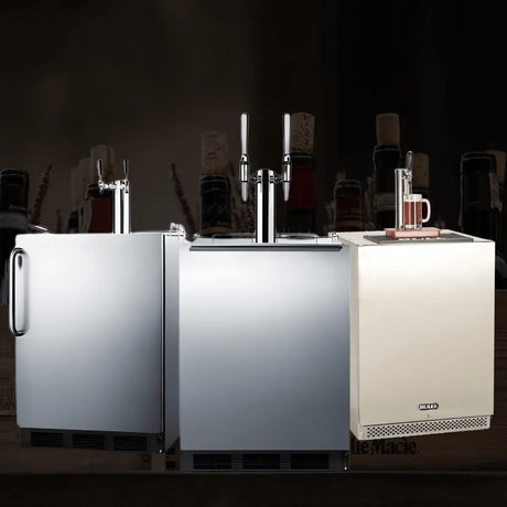 Beer kegerators collection with stainless steel draft beer dispensers and tap towers for home bars and entertainment spaces