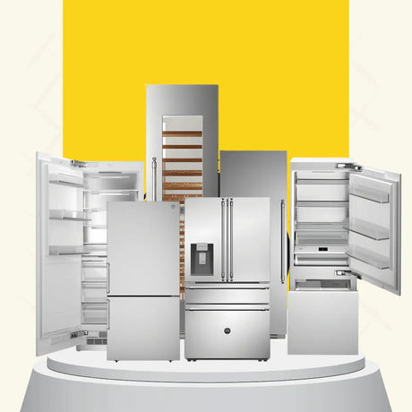 Bertazzoni appliances collection featuring refrigerators, freezers, wine coolers, and French door units in sleek stainless steel and built-in designs.