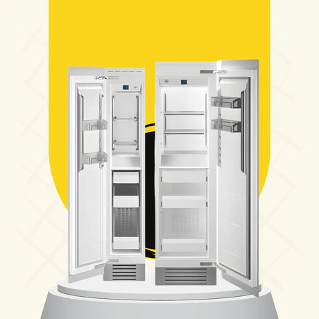 Bertazzoni built-in freezers collection shown open, featuring adjustable shelves, door bins, lower freezer compartments, and sleek integrated design.