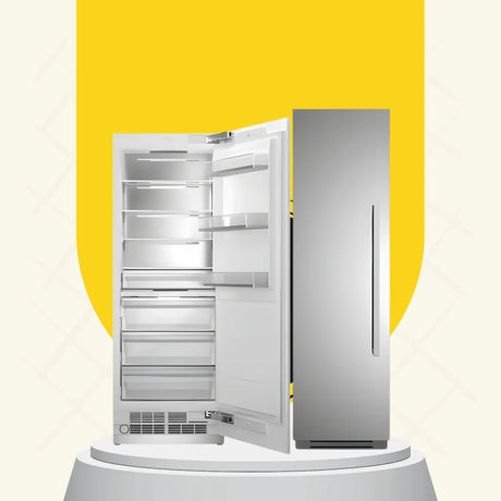Bertazzoni built-in refrigerator with stainless steel finish, shown open and closed, featuring adjustable shelves, door bins, and spacious interior storage.