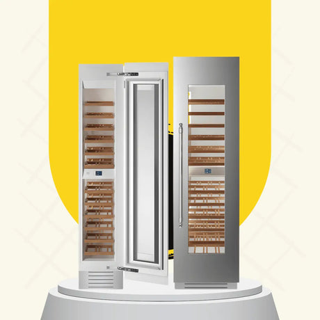 Bertazzoni wine coolers collection featuring tall built-in column designs with glass doors, wooden racks, and premium stainless steel finish.