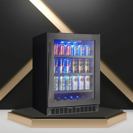 Modern beverage fridge with glass door and blue LED lighting displaying assorted canned drinks on multiple shelves.
