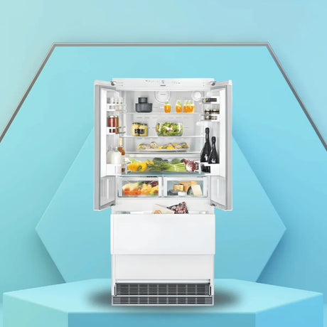 Bottom freezer refrigerator with open doors showing organized shelves of fresh food and beverages in a modern kitchen-style display