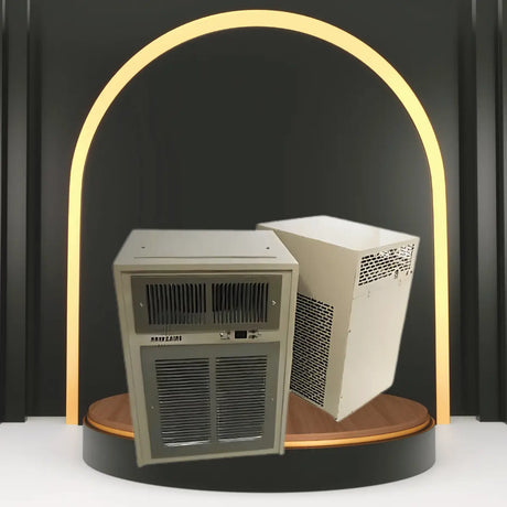 Breezaire ductless split system wine cellar cooling units showing front and side views of compact, vented cooling systems for wine rooms