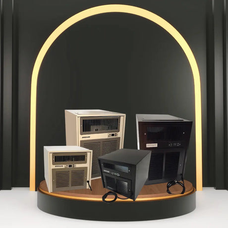 Breezaire through-the-wall wine cellar cooling units collection displayed in a modern showroom setting, featuring compact self-contained cooling systems for precise wine cellar temperature control