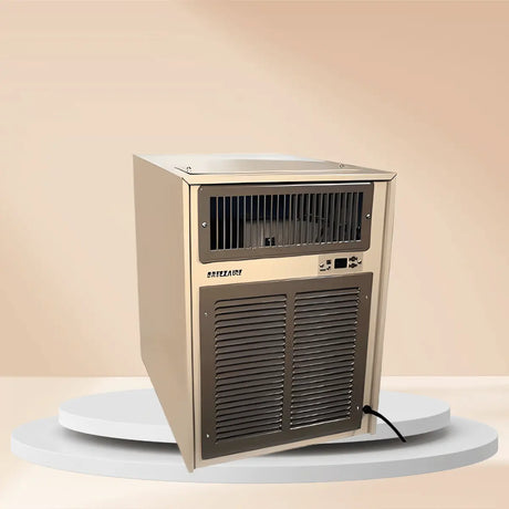 Breezaire WKL Series through-the-wall wine cellar cooling unit Collection with dual front grilles displayed on a clean, warm-tone studio platform.