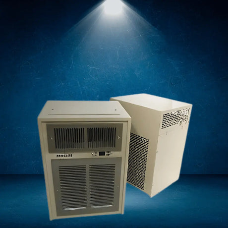 Breezaire wall-mounted ductless wine cellar cooling units collection with front and side vented metal housings displayed in a studio setting.