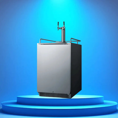 Built-in capable kegerator collection with stainless steel front and dual tap draft system designed for under counter installation