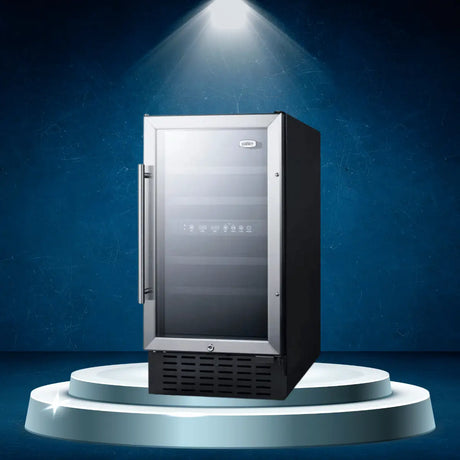 Built-in under-counter wine fridge collection with stainless steel frame and glass door, designed for seamless kitchen or bar installation.