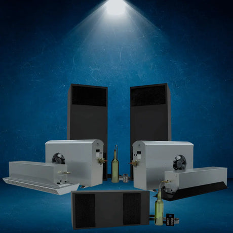 Ceiling mounted wine cooling units collection featuring ducted and self-contained systems designed for overhead wine cellar installation and climate control.