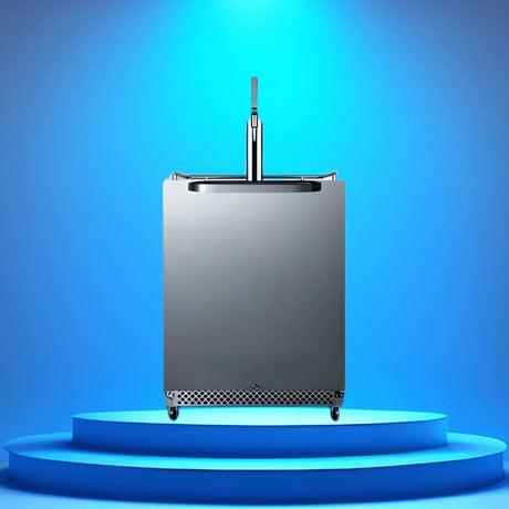 Coffee kegerator collection featuring a stainless steel cold brew coffee dispenser with single tap on a modern display