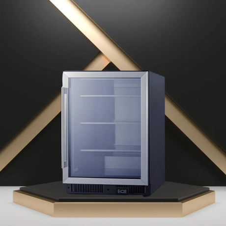 Commercial glass door display refrigerator with stainless steel frame and adjustable shelves for retail and beverage display