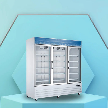 Commercial glass door refrigerator with triple-door design, adjustable shelves, and caster wheels for professional food service use