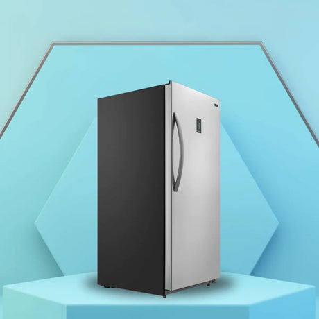 Stainless steel convertible refrigerator with digital temperature controls and black side panels, designed for flexible fridge or freezer storage.