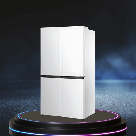 Crosley white four-door refrigerator with a modern full-size design, displayed on a showroom-style platform for home kitchen use