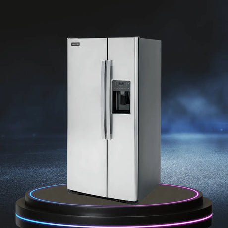 Crosley side-by-side refrigerator with white finish and built-in water and ice dispenser, showcased in a modern kitchen-ready design