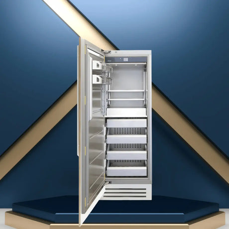 Upright display freezer with open door, stainless steel interior, and pull-out drawers for organized frozen storage