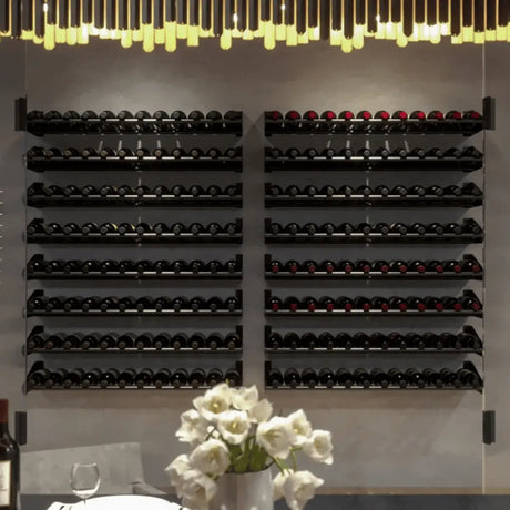 Horizontal wine bottle display rows by Ultra Wine Racks creating a sleek, label-forward wine wall in a modern interior