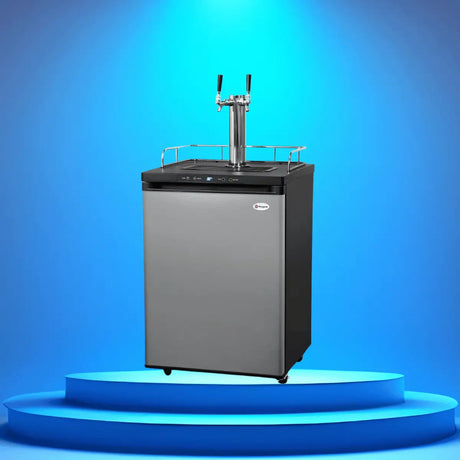 Double tap kegerator collection with stainless steel front and dual draft beer taps designed for home bar and entertainment use