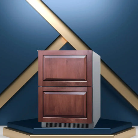 Drawer freezer with dual wood-panel drawers and undercounter ventilation, designed for built-in kitchen and refrigeration installations