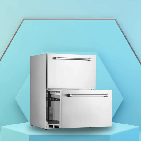 Stainless steel drawer refrigerator with dual pull-out drawers and front ventilation, designed for built-in undercounter kitchen or bar use.