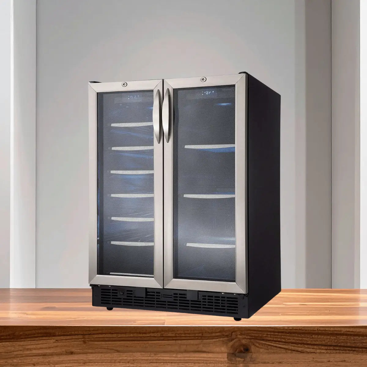 Dual zone beverage center with stainless steel double glass doors and adjustable shelves, designed for separate temperature beverage storage.