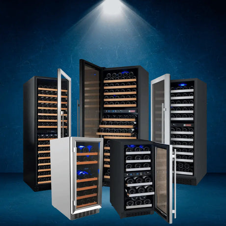 Collection of dual zone wine coolers with glass doors, featuring tall and compact models storing red and white wine bottles in separate temperature zones.