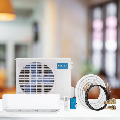 Ductless mini-split HVAC system with outdoor condenser, wall-mounted indoor unit, remote controls, and insulated refrigerant line set for efficient home heating and cooling.