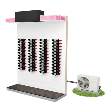 Ductless split wine cellar cooling system showing indoor wine wall unit connected to an outdoor condenser for efficient temperature control