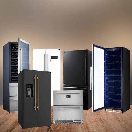 Forno appliances collection featuring refrigerators, wine coolers, and drawer refrigeration units in stainless steel and matte black finishes