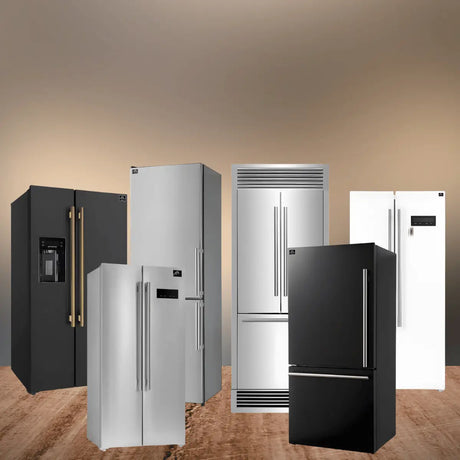 Forno refrigerators collection featuring stainless steel, black, and white French door and side-by-side refrigerators in a modern kitchen display