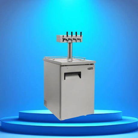 Four-tap stainless steel kegerator with draft tower, designed for serving multiple beers in home bars or commercial settings.