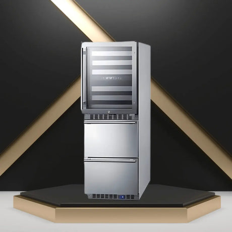 Combination freezer with wine cooler featuring glass door wine storage above and stainless steel freezer drawer below