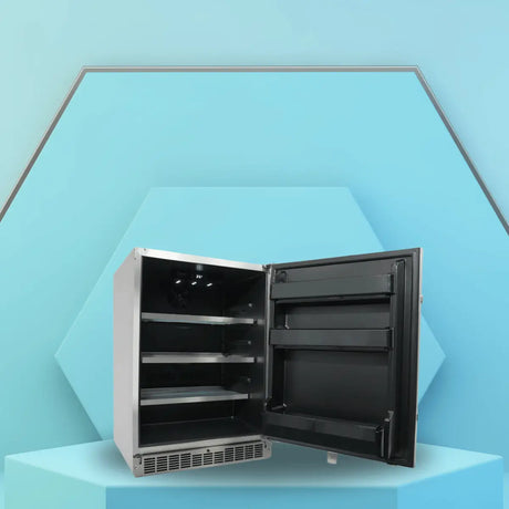 Freezerless refrigerator with open door showing spacious shelves and door storage in a modern stainless steel design