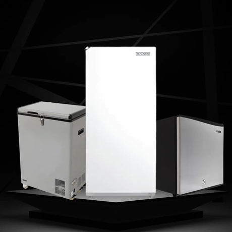 Freezers collection featuring chest and upright freezers in white and stainless steel finishes for home and commercial use