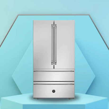 French door refrigerator with stainless steel finish and double bottom freezer drawers, designed for modern kitchens