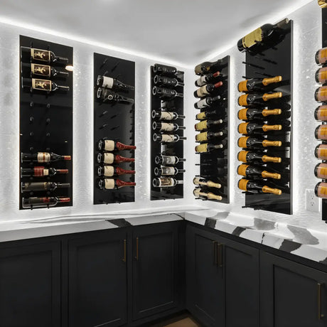 Fusion wine wall panels by Ultra Wine Racks with LED backlighting showcasing modern label-forward wine storage